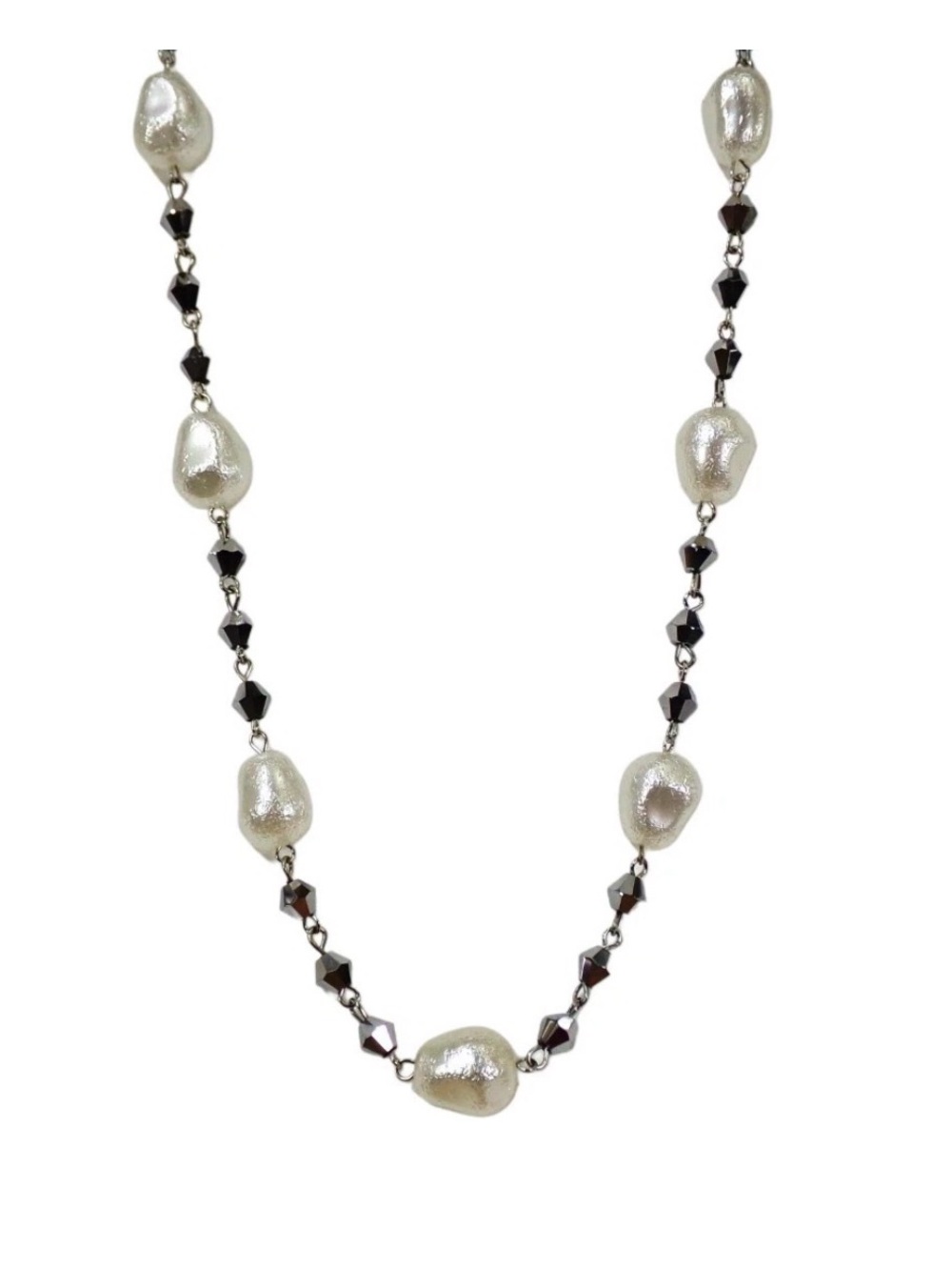 White pearl and gray glass bead necklace with textured white beads New
